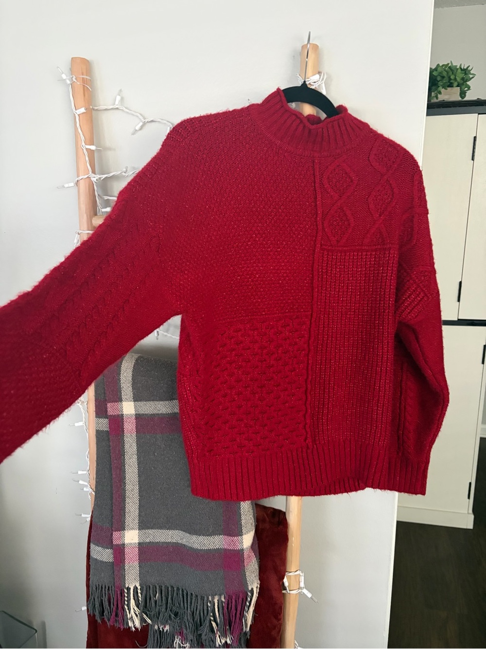 American Eagle Outfitters Red Mixed-Knit Mock Neck Sweater